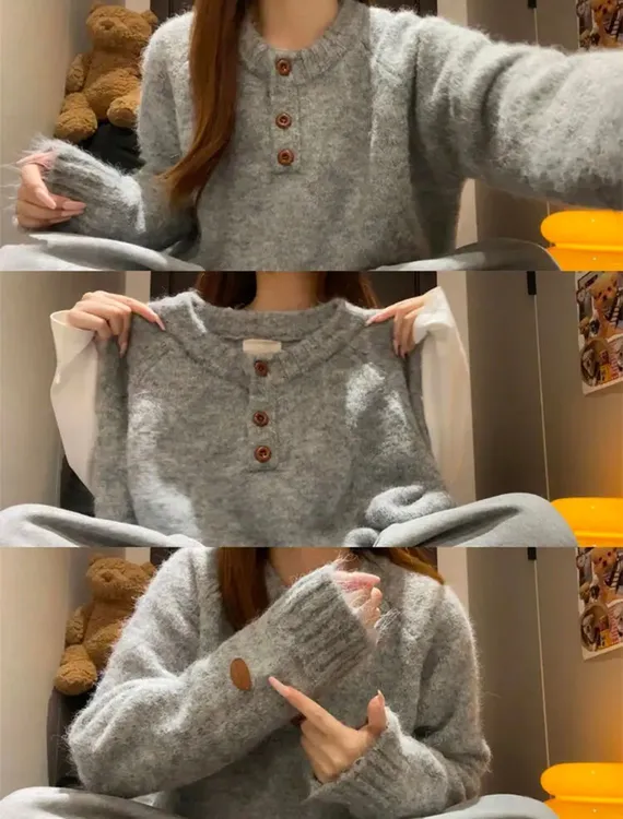 韩版慵懒风圆领短款毛衣开衫春秋款设计感纽扣小众气质针织衫外穿