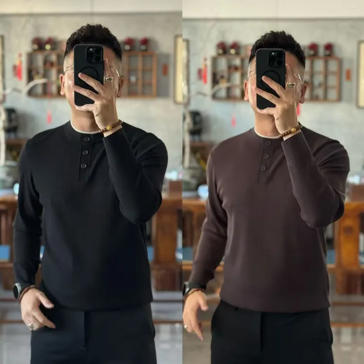 86287欧货冬季时尚百搭圆领假两件单排扣男士针织衫