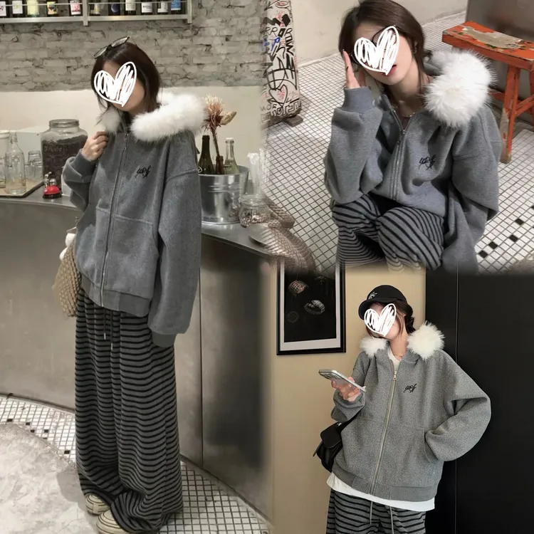 新款大码慵懒风复古夹棉外套条纹加绒阔腿两件套