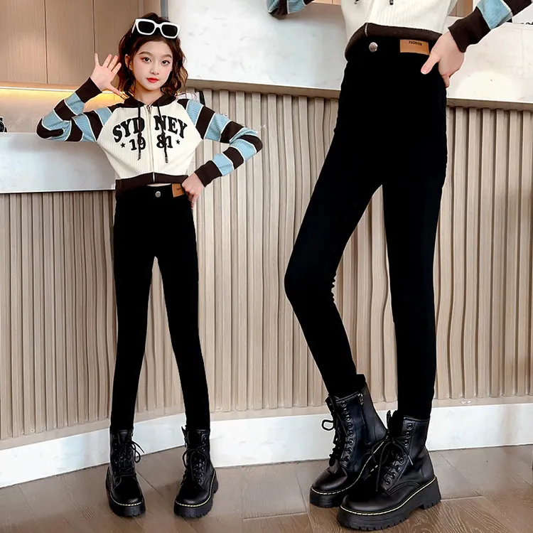 女童加绒裤子秋冬款儿童打底裤冬季装中大童休闲牛仔裤弹力小脚裤