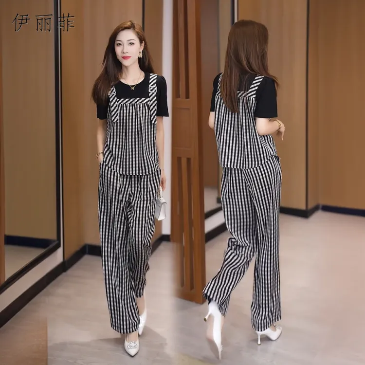 时尚气质遮肚显瘦套装女2025年夏季新款条纹短袖上衣阔腿裤两件套