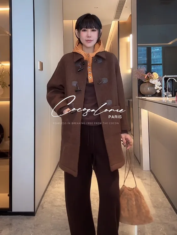 韩彬彬"维也纳"复古棕调高级牛角扣羊毛中长款毛呢大衣2779-4