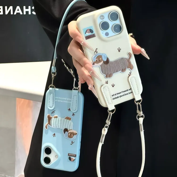 ins腊肠狗刺绣贴挂绳适用iPhone17苹果16手机壳华为vivo小米oppo