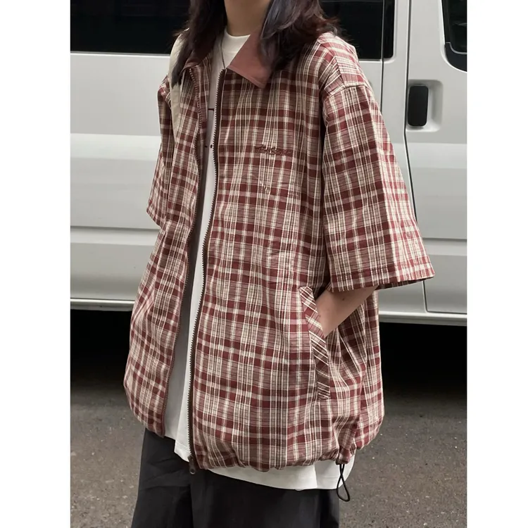 日系复古撞色格子翻领拉链衬衫男女夏季宽松口袋上衣情侣休闲衬衣