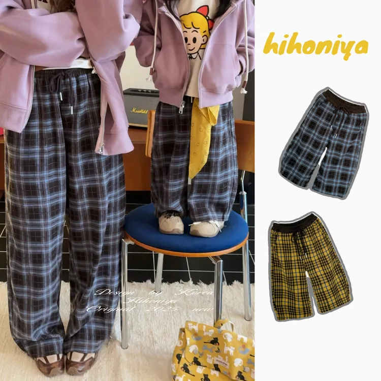 【漫步格纹】三Hihoniya~2025秋季亲子格子高腰慵懒宽松阔腿裤