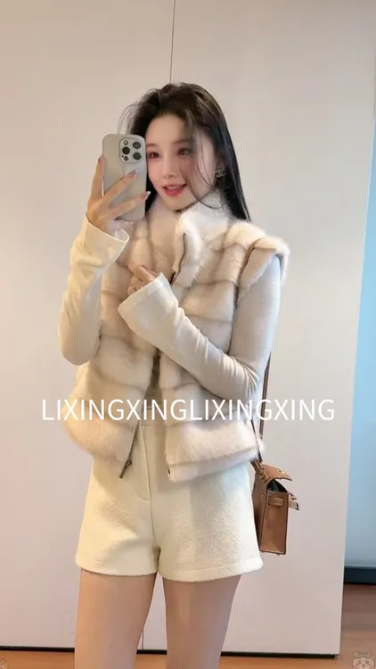 LXX【环保水貂马甲】立领冬季拼接厚款女圆领马夹简约套装气质毛绒