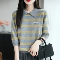 100%羊毛字母翻领条纹五分袖针织打底毛衣女POLO领休闲针织上