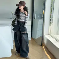 【Maila童装】女童春秋潮款设计感露肩长袖T恤双腰头牛仔裤两件套装