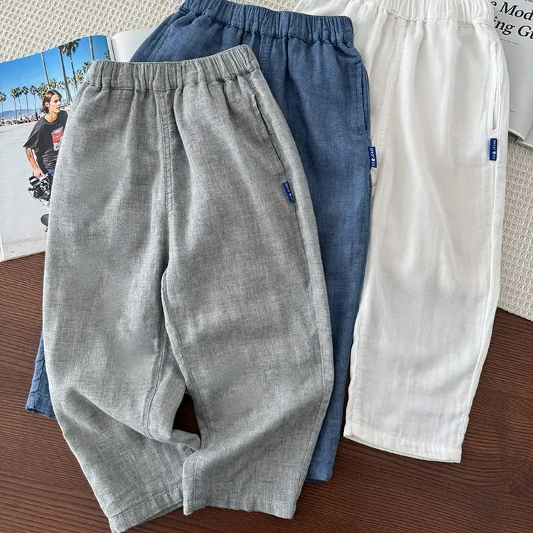 柔软夏季童裤男款宽松长裤防蚊休闲裤子潮薄两层棉纱布裤子