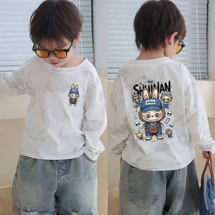 童装春秋款洋气拉布布T恤卡通纯棉长袖新款百搭男童女童圆领上衣