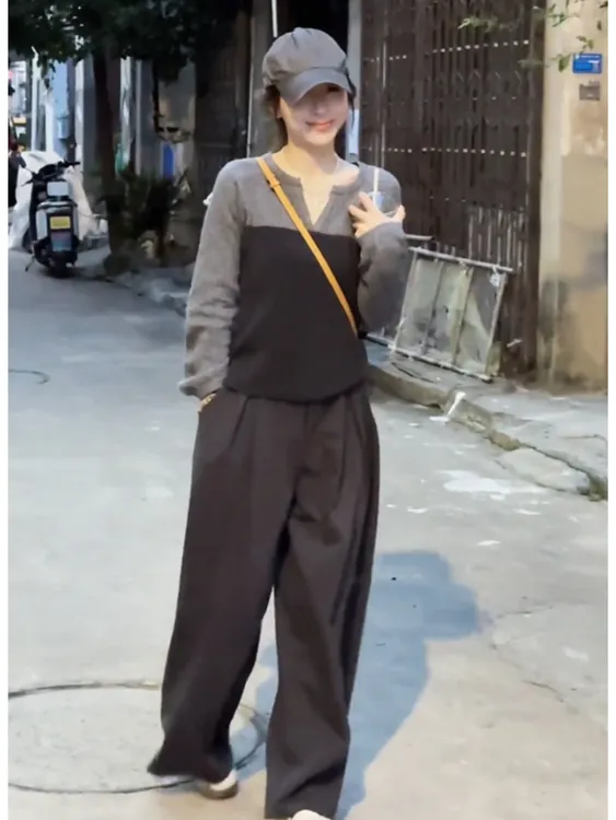 2025秋冬新款韩系气质撞色休闲针织衫休闲裤套装女装时尚简约穿搭