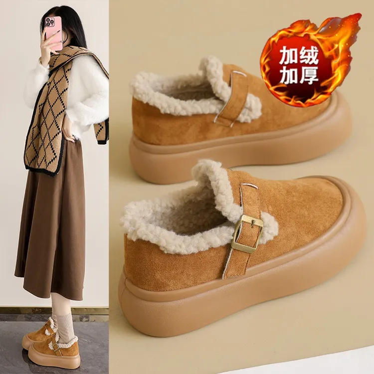 加绒雪地靴女冬季女鞋勃肯鞋加厚保暖棉鞋厚底增高毛毛鞋乐福鞋女