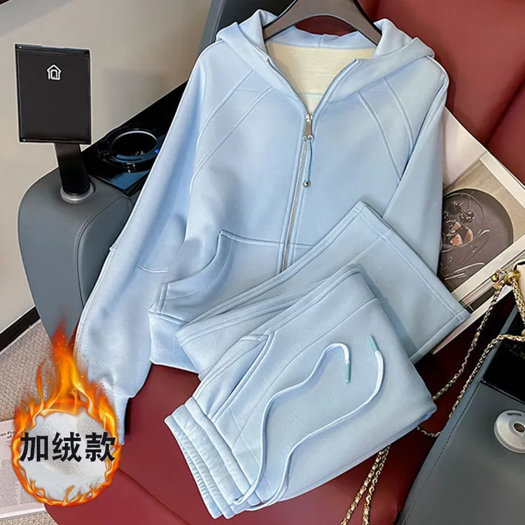 休闲秋冬宽松减龄显瘦加绒连帽卫衣阔腿裤两件