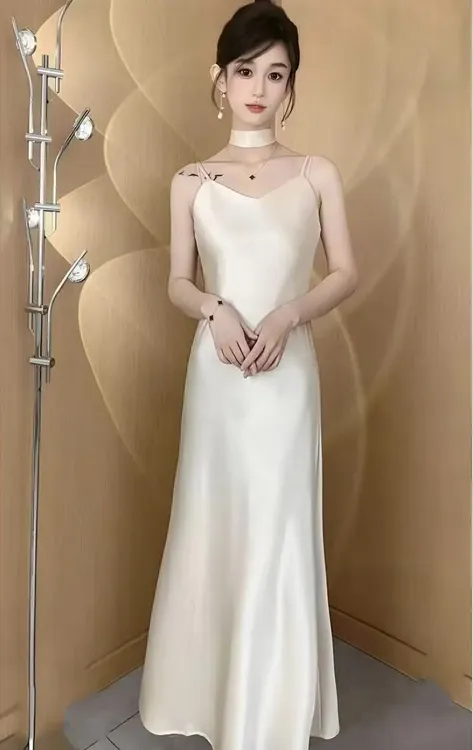 【送飘带】夏季新款法式高腰长裙吊带连衣裙