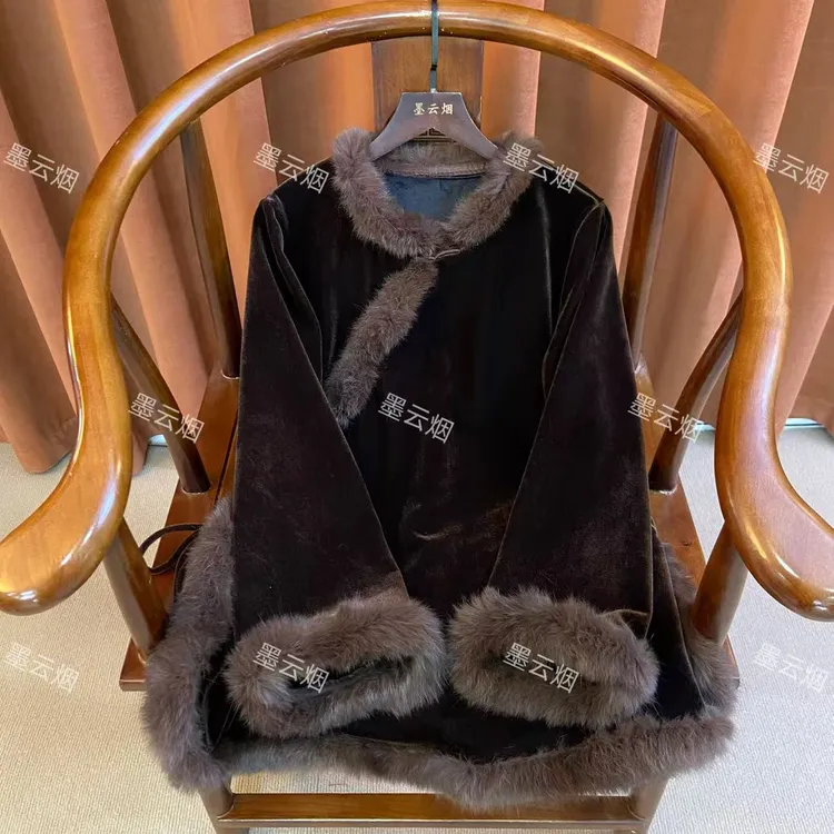 【禾凌】 中式丝绒毛领时尚女装高档气质复古优雅百搭国风女士上衣