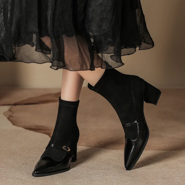 秋季尖头瘦瘦靴女粗跟一字带法式复古黑色马丁靴后拉链中筒