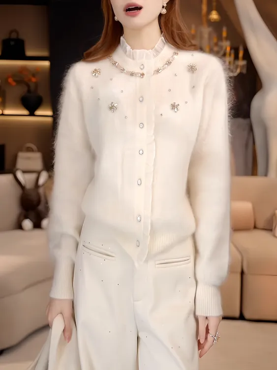 重工法式串钻蕾丝拼接长袖针织开衫女秋冬2025新款韩系减龄上衣