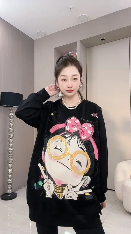 高弹宽松大版加大码加长卫衣潮流正肩显瘦中长款扒染重工刺绣高货