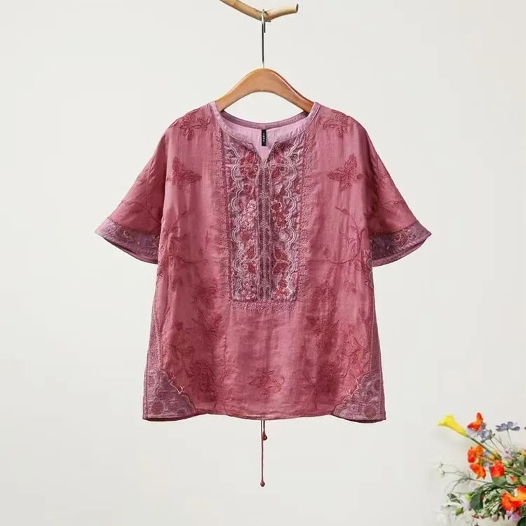 2025千椿物禧新中式民族风夏季100苎麻V领粉色短袖刺绣宽松上衣女