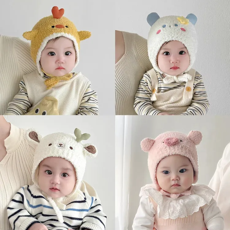 婴儿帽子秋冬款超萌新生宝宝卡通毛线帽冬天男女小月龄保暖护耳帽