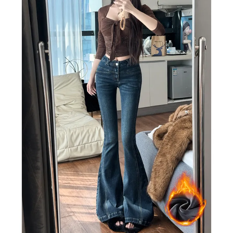 深海蓝加绒性感辣妹微喇牛仔裤女2025冬季中高腰显瘦长腿喇叭裤