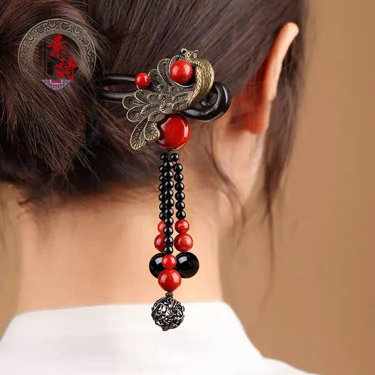 古风黑檀木发簪孔雀流苏步摇簪子头饰盘发发饰高级感新中式