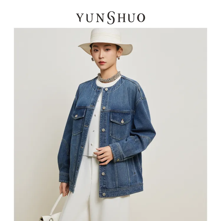 允硕春季新品时尚百搭牛仔复古圆领女拼接休闲气质宽松外套456164