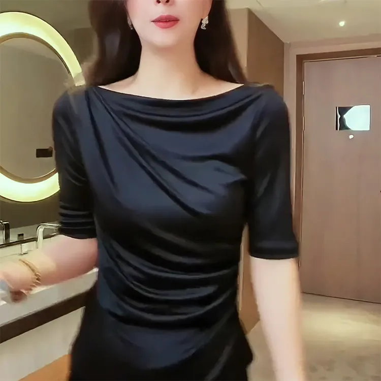 高级感女士短袖衬衫女2025夏季新款时尚洋气遮肚显瘦宽松褶皱上衣