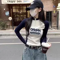 常规款卡通撞色T恤女印花少女风百搭灰色显瘦设计感修身正肩长袖