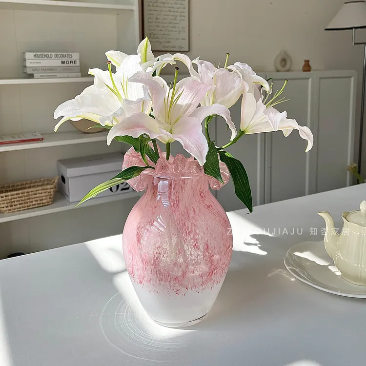 粉花瓣渐变花瓶餐桌高级感2025热卖中古芬顿琉璃水培花器轻奢摆件
