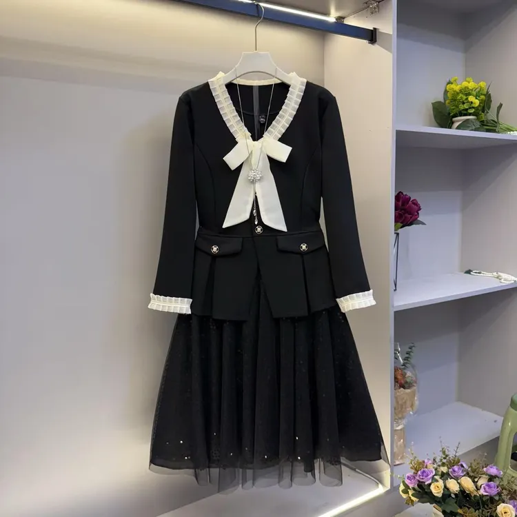 欧货气质大码女装领带结显瘦上衣亮片半身纱裙两件套