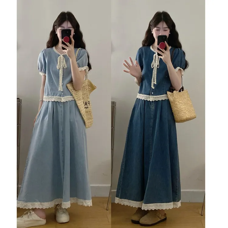 大码夏季新款韩版时尚气质显瘦百搭蕾丝拼接牛仔半身裙两件套