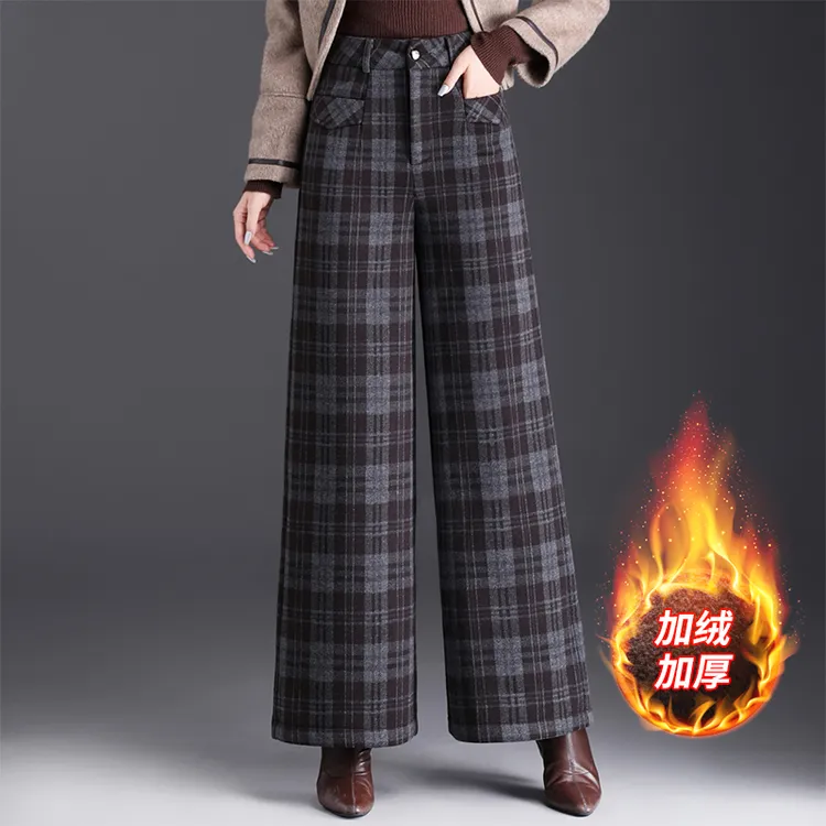 咖色格子毛呢加绒裤子女冬加厚新款小个子直筒休闲女裤阔腿裤