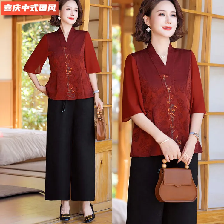 妈妈夏装2025新款红色国风套装中老年女喜婆婆婚宴装礼服平时可穿