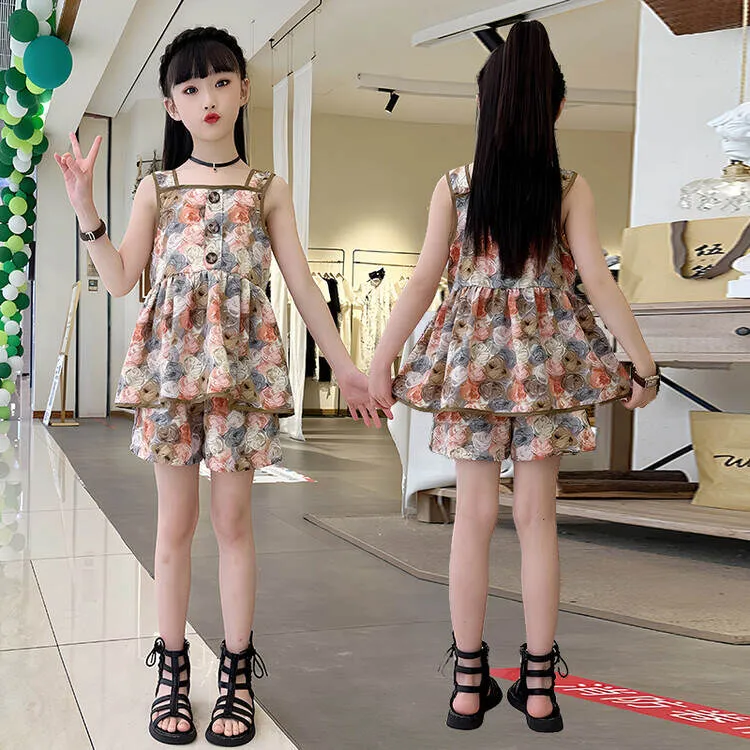夏装时尚衣服套装女童夏季新款休闲两件套吊带碎花裤裙中大童9岁