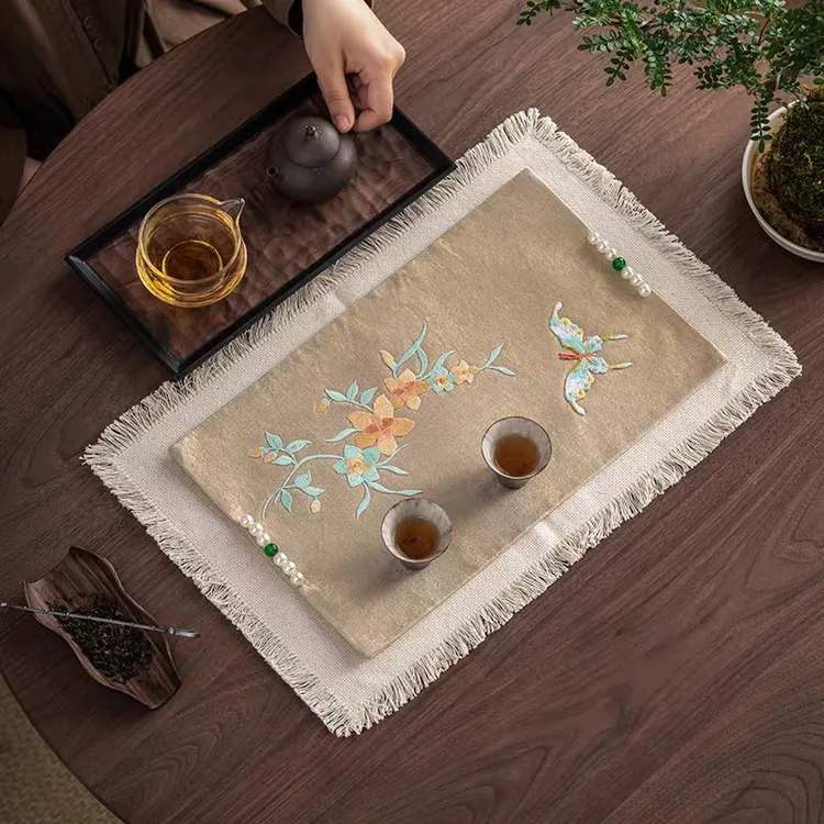 中式复古手作刺绣蝴蝶茶席干泡垫子布艺家用干泡席茶席茶布茶道垫