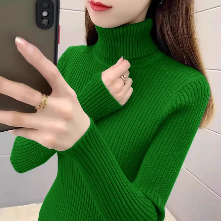 高领内搭针织衫女秋冬2025新款翻领绿色加厚款打底衫别致百搭毛衣