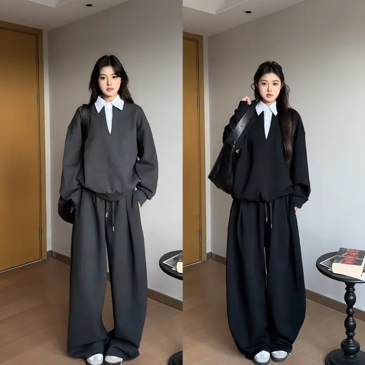 秋季新款学院风假两件衬衫卫衣休闲阔腿裤男女同款高级感休闲套装