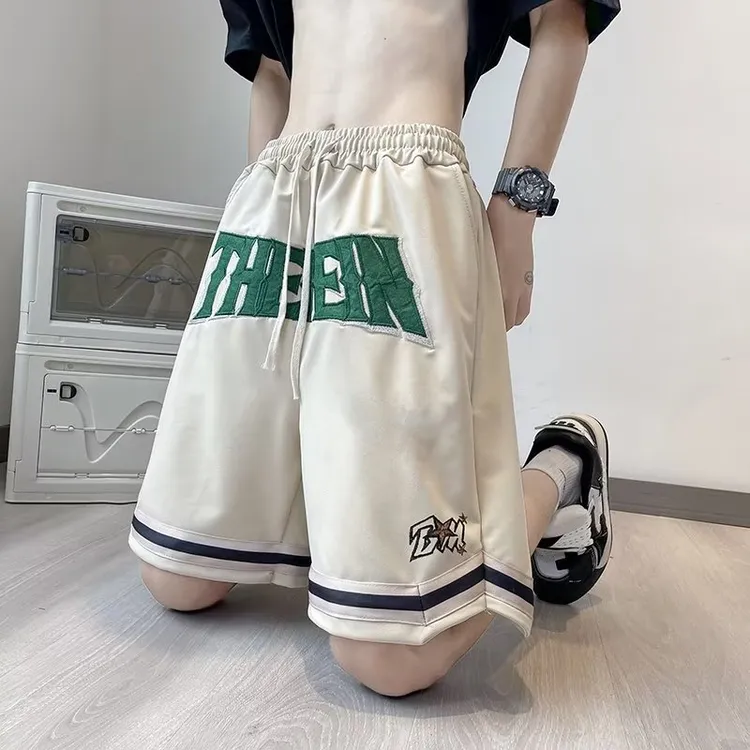 美式拼织带毛巾绣花运动休闲短裤夏港风潮流ins宽松直筒五分裤男