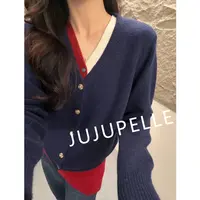 三色撞色假两件V领2025秋冬韩版百搭宽松毛衣女长袖针织开衫套头 