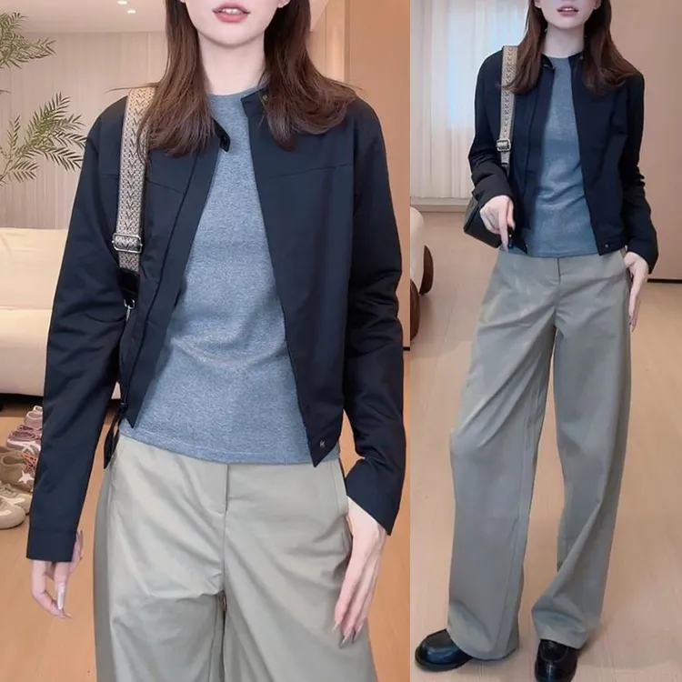 2025秋季新款简约气质短款夹克外套女士垂感显瘦百搭休闲裤两件套