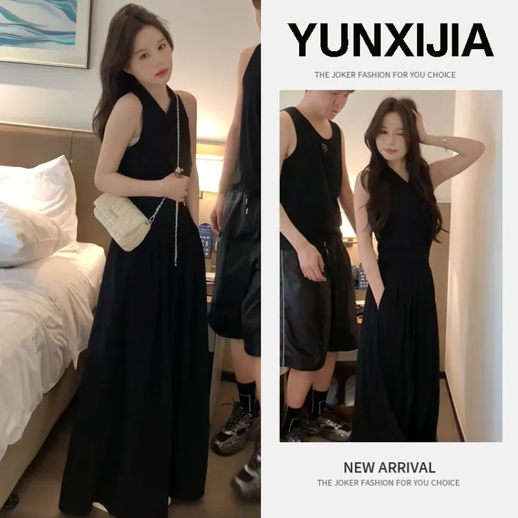 夏季穿搭一整套女2025新款V领无袖上衣休闲阔腿裤时尚通勤两件套