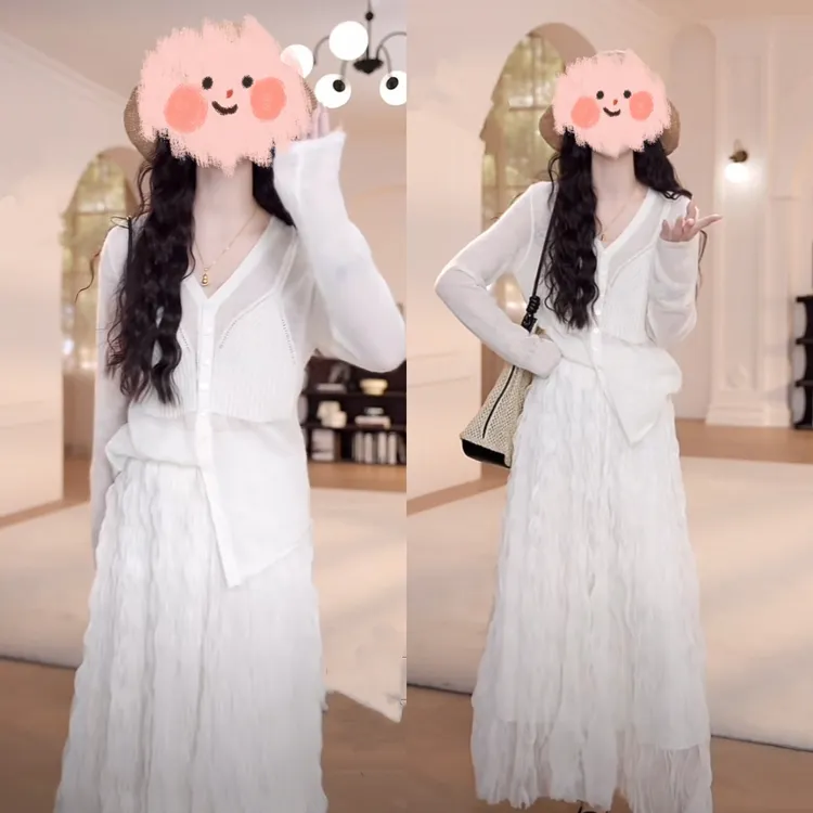 2025春夏新款针织开衫长袖+显瘦蛋糕网纱裙气质高腰半身裙