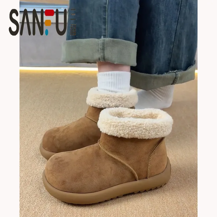 三福厚底小土豆加绒保暖雪地靴女款2025冬款防滑勃肯短靴防水棉靴