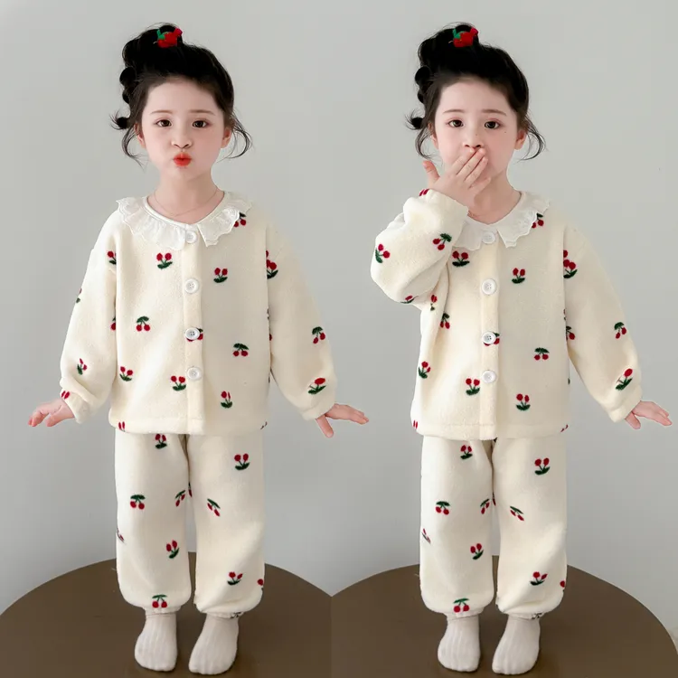 儿童新款家居服套装女童法兰绒秋冬开衫加绒加厚宝宝保暖珊瑚睡衣