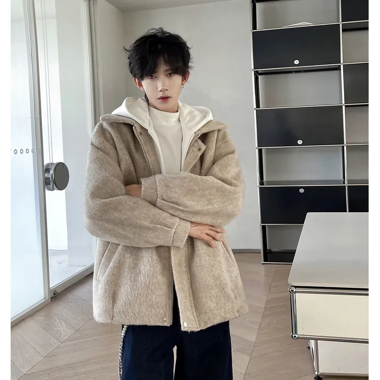 米白色假两件毛呢夹克男冬季小众设计感连帽上衣美式复古呢子外套