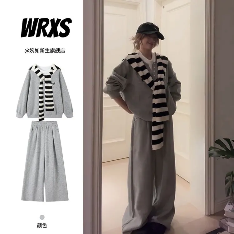 【婉如新生】韩系披肩长袖秋冬卫衣女慵懒风百搭宽松休闲运动三件套