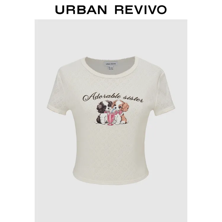 UR2025秋季新款女装流光风镂空肌理小狗修身T恤UYY450282