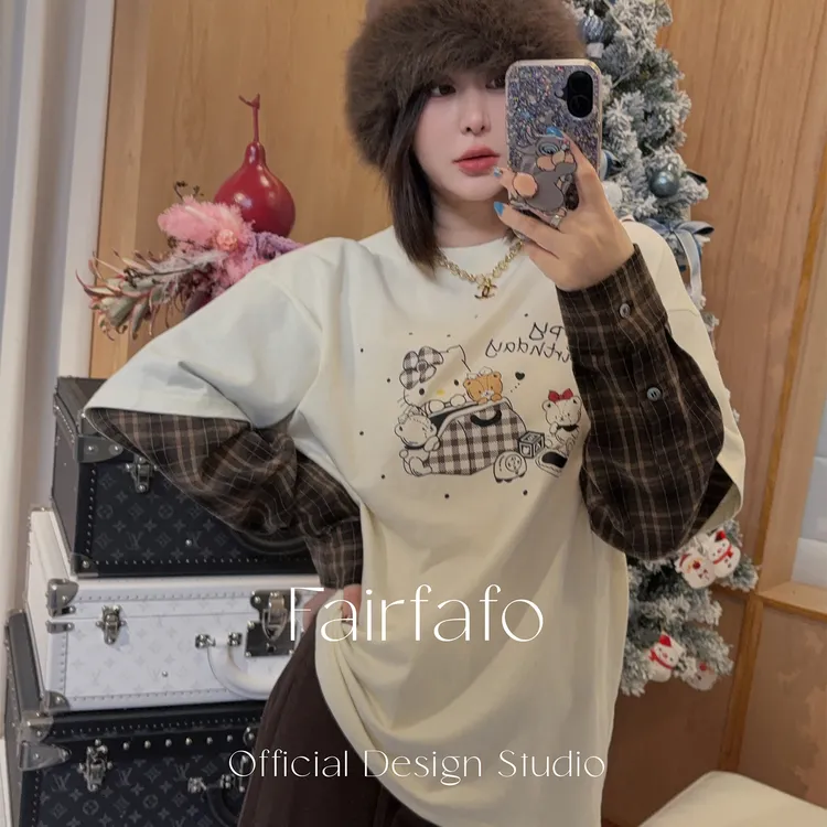 【凯蒂假两件长袖】CXDL4C275设计感印花拼接假两件长袖T恤