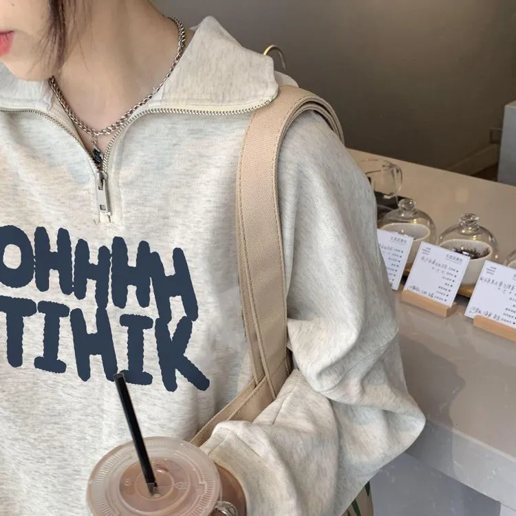 潮牌美式复古半拉链Polo领卫衣女秋冬季加绒加厚宽松学生外套上衣